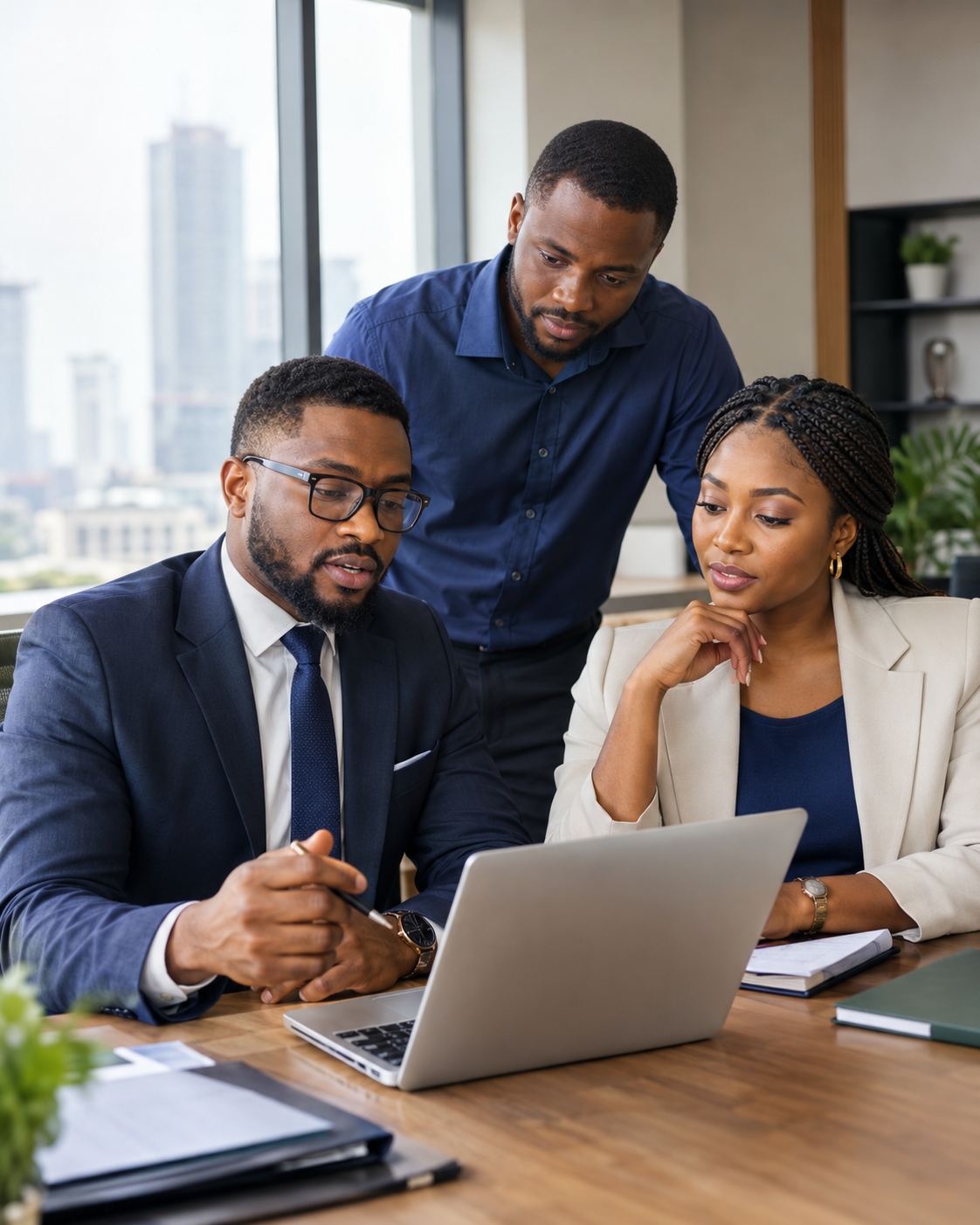Business professionals reviewing work together on a laptop
